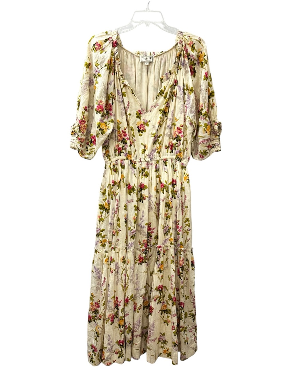 Mille Dress Zoe Trianon Floral Print Beige Midi 100% Cotton Women’s Size Small